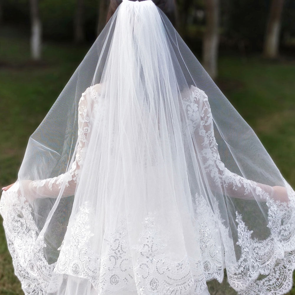 Real Photos 2 Layers Sequins Lace 3 Meters Cathedral Woodland Wedding