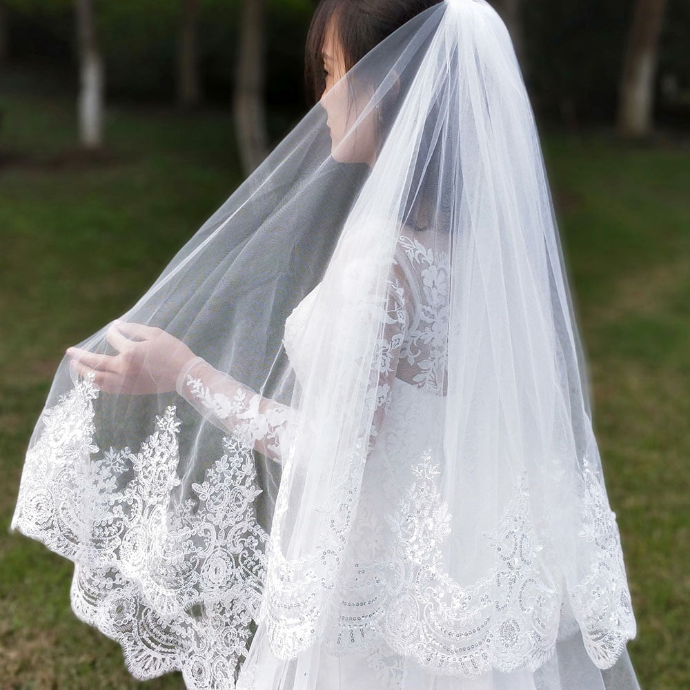 Real Photos 2 Layers Sequins Lace 3 Meters Cathedral Woodland Wedding