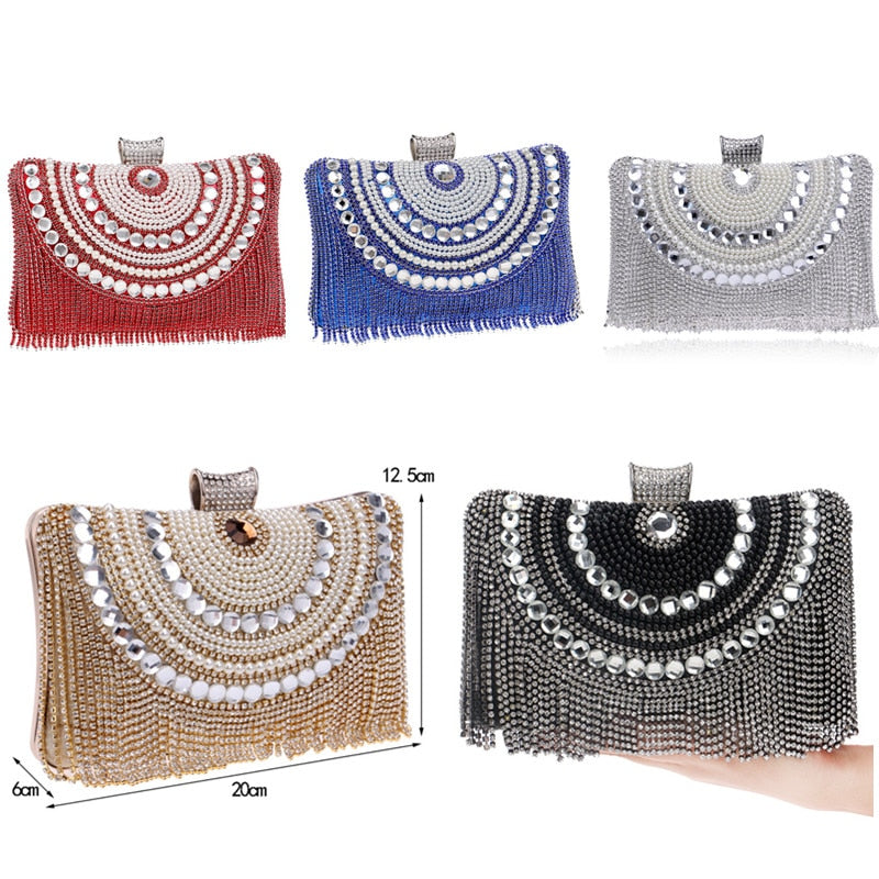 Rhinestones Tassel Clutch Diamonds Beaded Metal Evening Bags Chain