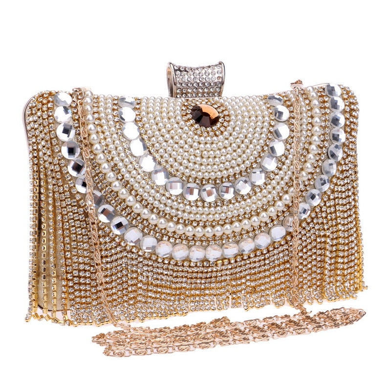 Rhinestones Tassel Clutch Diamonds Beaded Metal Evening Bags Chain