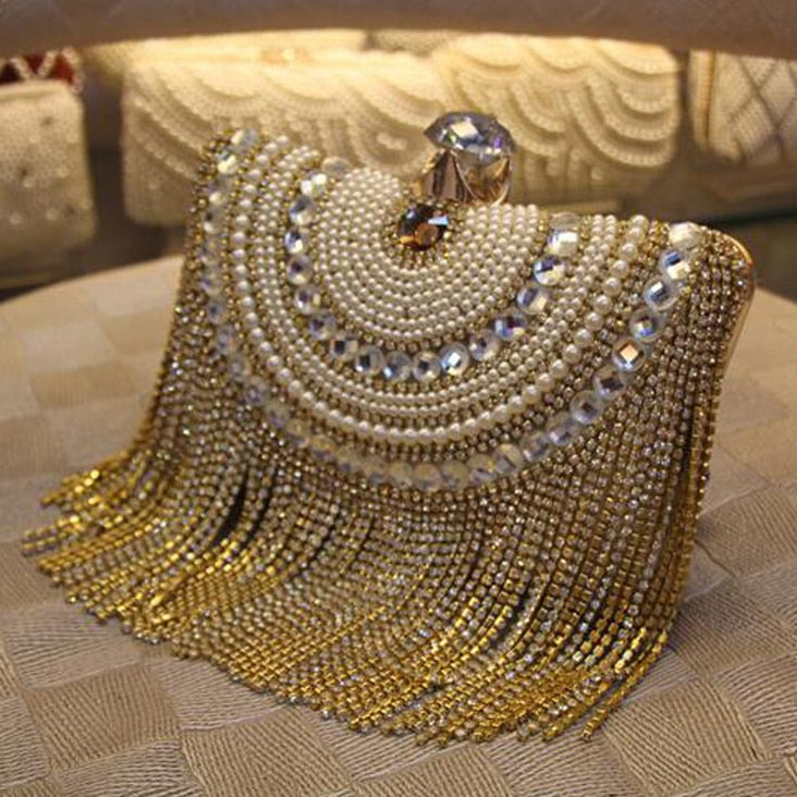 Rhinestones Tassel Clutch Diamonds Beaded Metal Evening Bags Chain