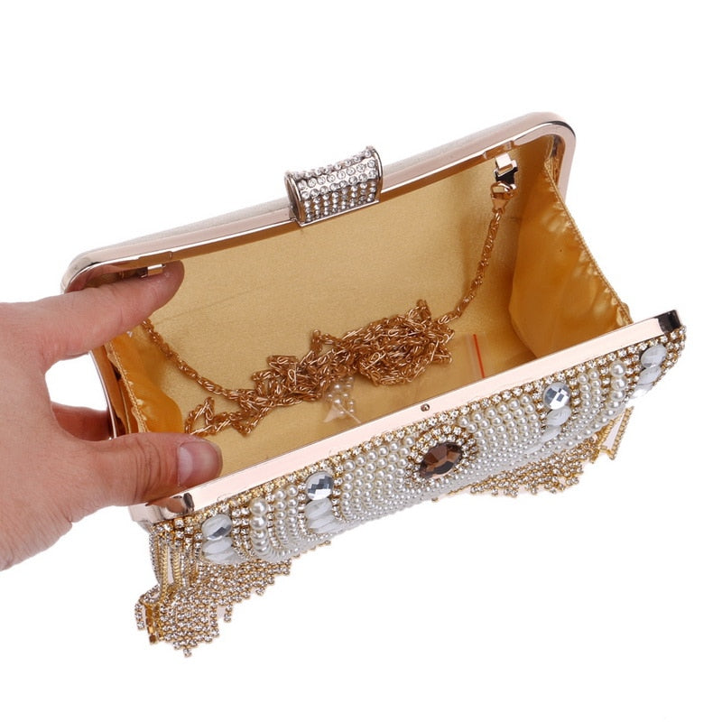 Rhinestones Tassel Clutch Diamonds Beaded Metal Evening Bags Chain