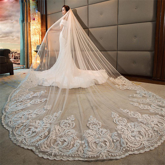 Romantic Long Bridal Veils Cathedral Length Lace Applique 4m Wedding