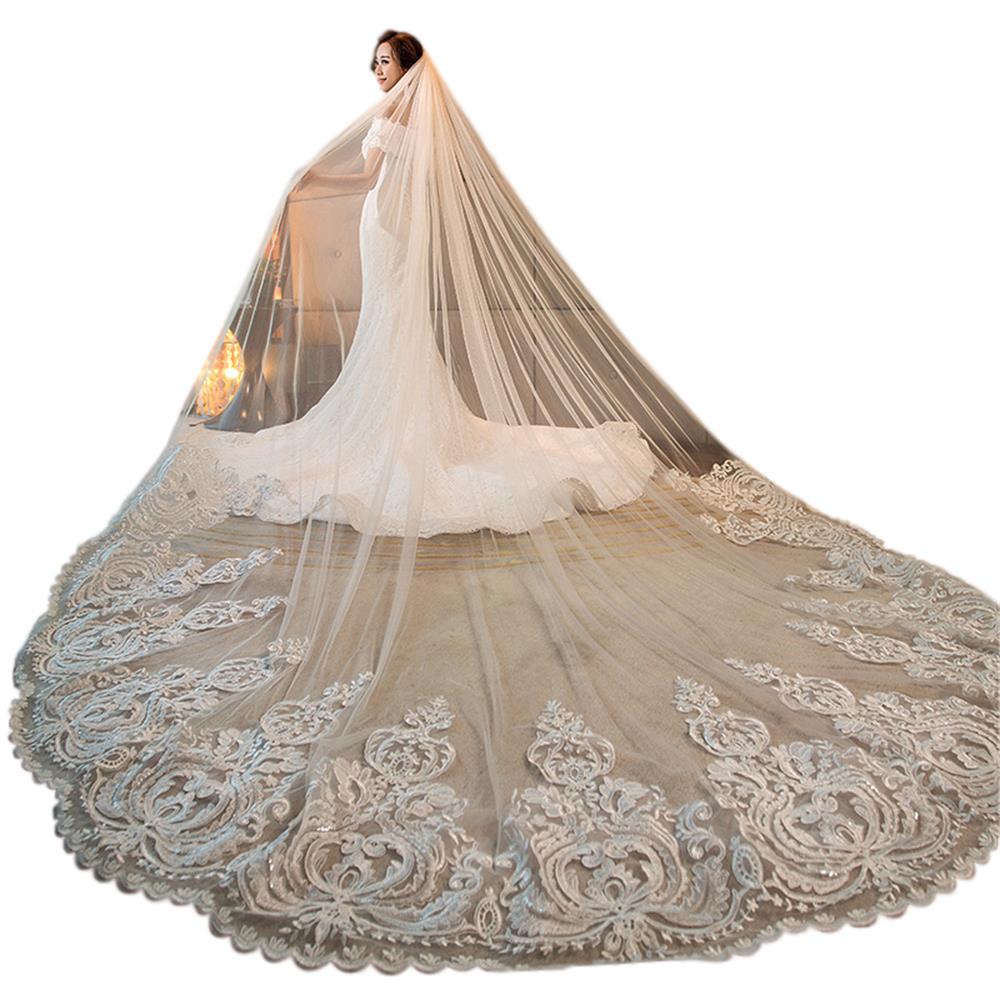 Romantic Long Bridal Veils Cathedral Length Lace Applique 4m Wedding