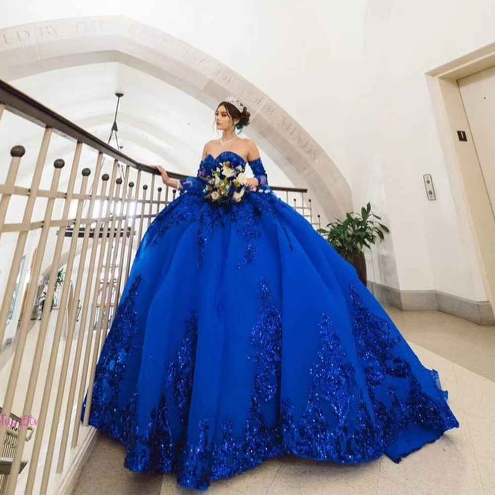 Royal Blue Ball Gown Quinceañera Dresses Detachable Sleeves Sweetheart