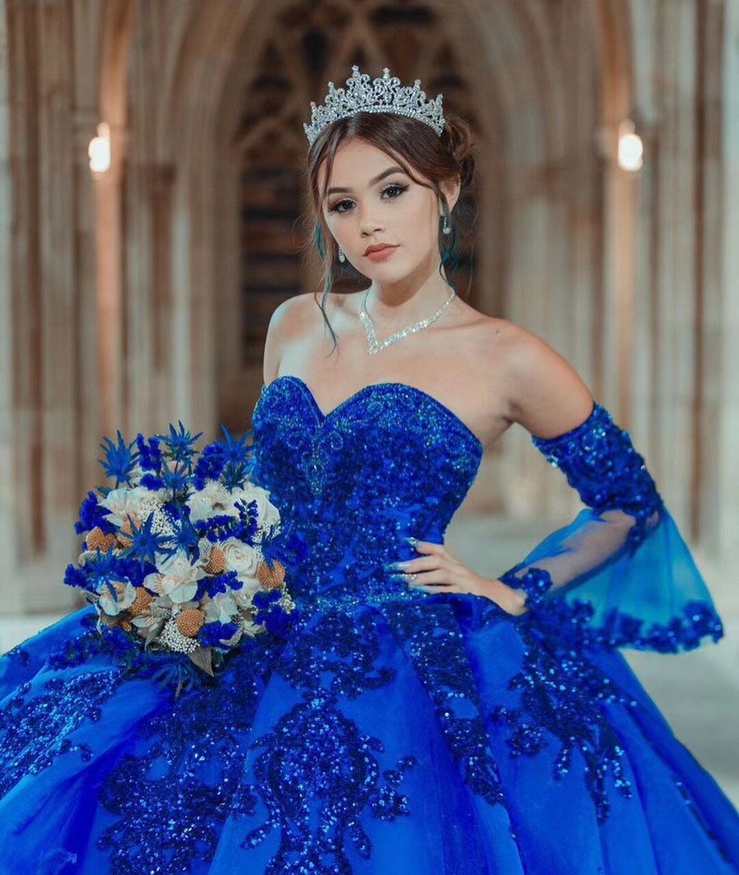 Royal Blue Ball Gown Quinceañera Dresses Detachable Sleeves Sweetheart