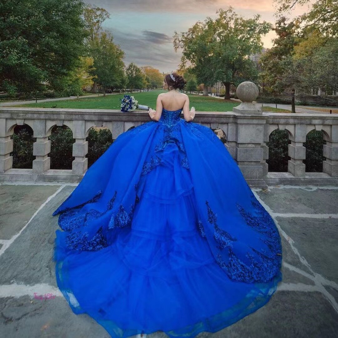 Royal Blue Ball Gown Quinceañera Dresses Detachable Sleeves Sweetheart