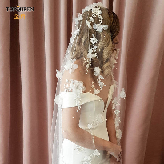 Topqueen V52 3d Flowers Wedding Veil With Pearls Bridal Veils