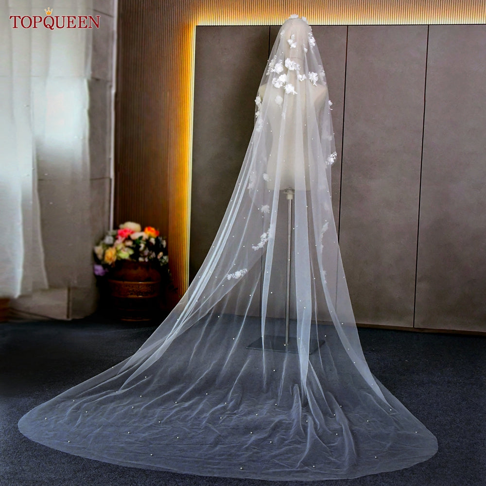 Topqueen V52 3d Flowers Wedding Veil With Pearls Bridal Veils