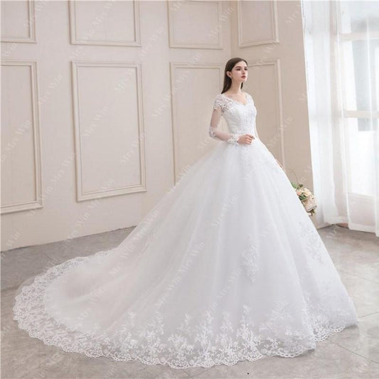 Wedding Dress 2022 New Luxury Full Sleeve Sexy V neck Bride Dress With