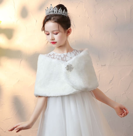 White Kids Girl Faux Fur Jacket Wedding Cloak For Communion Dress